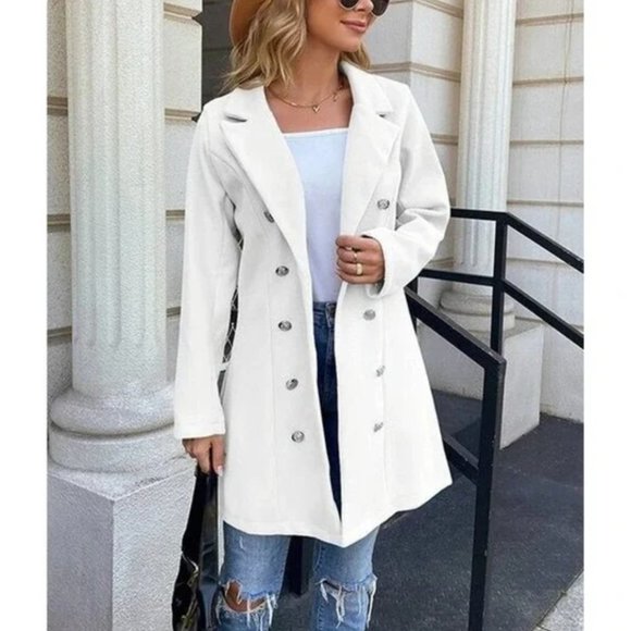 Jackets & Blazers - White Notch Lapel Peacoat Flannel